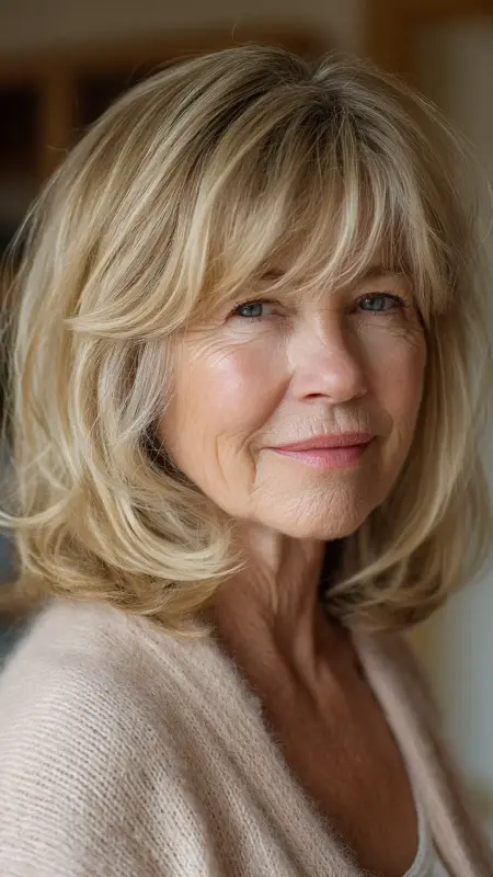 Golden Blonde Shoulder-Length with Curtain Bangs - hair color ideas for women over 70