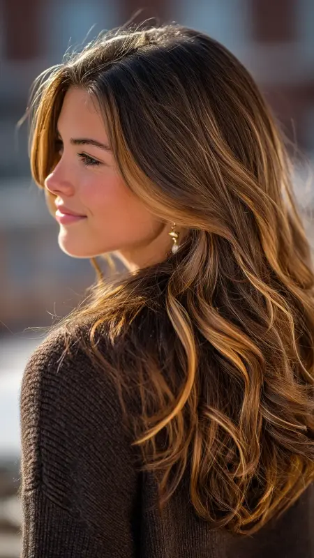 Golden Bronze Ribbon Highlights on Mid-Length Layers - Hair color ideas for students