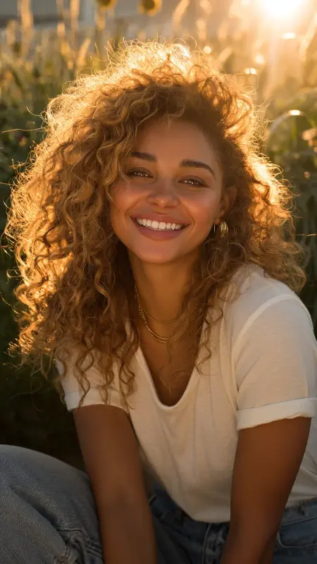 Golden Caramel Highlights on Natural Curls -  Hair color for college students 