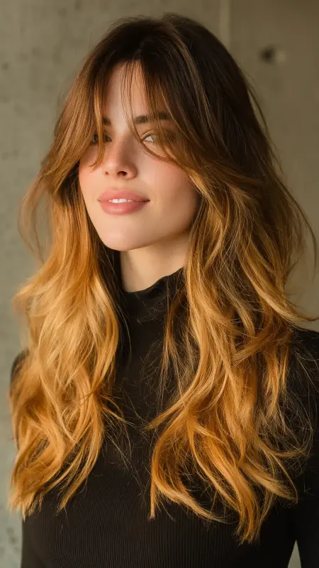 Golden Honey Ombr with Curtain Bangs - Hair color ideas for students