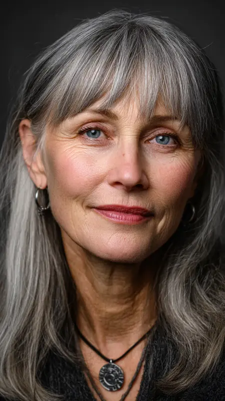 Gray Blended Curtain Bangs - gray hair styles for women over 50