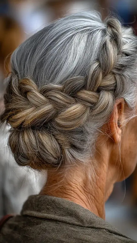 Gray Halo Braid - gray hair styles for women over 50