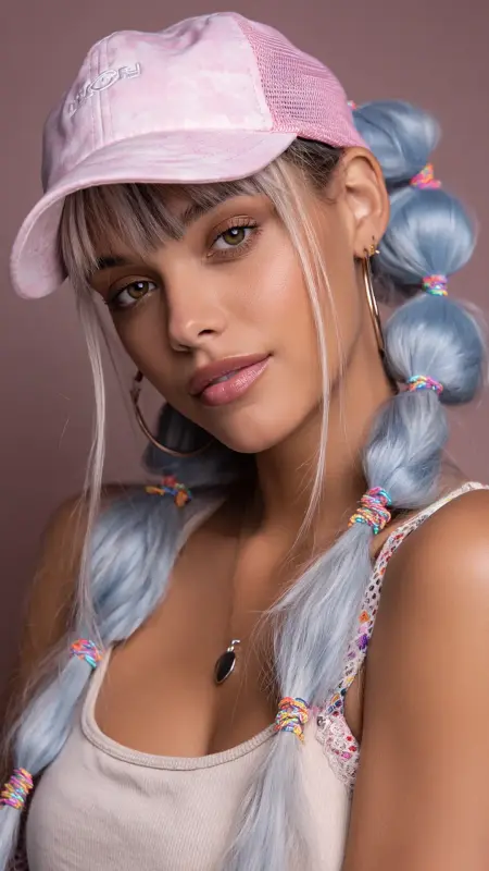Half-Up Bubble Ponytail -  Trucker Hat Hairstyles 