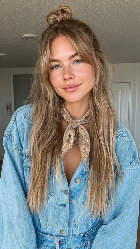 Half-Up Knot - long straight hair with curtain bangs