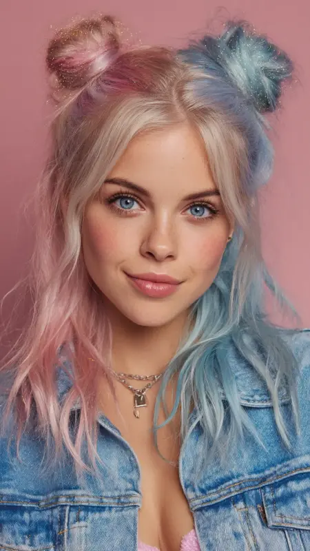 Half-Up Space Buns - Rose Gold Slate Blue -  Two hair colors split 