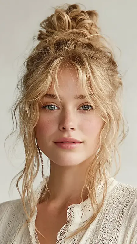 Half-Up Top Knot with Curtain Bangs - Face framing curtain bangs