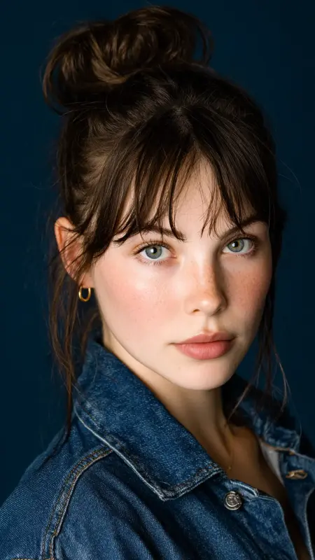 Half-Up Top Knot with Long Curtain Bangs - long curtain bangs round face
