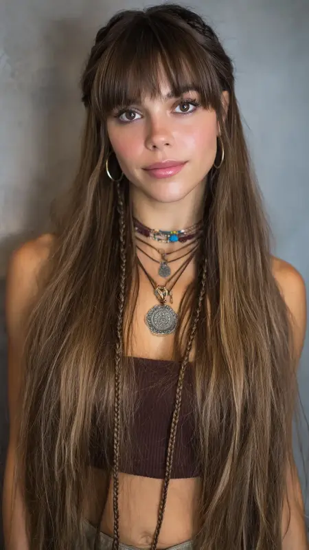 Hidden Braided Detail - long straight hair with curtain bangs