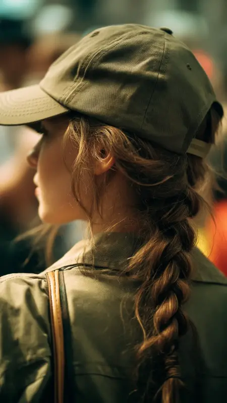 Hidden Fishtail Braid -  Trucker Hat Hairstyles 