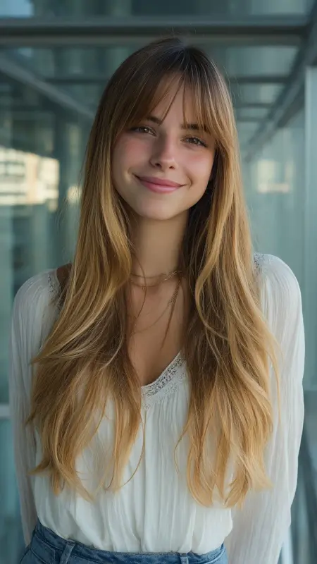 Honey Blonde Balayage with Curtain Bangs -  Hair color for college students 