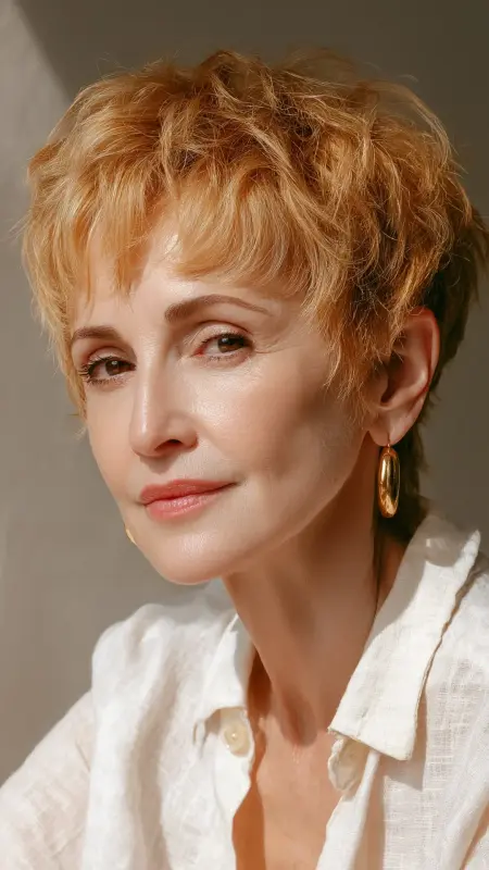 Honey Blonde Pixie with Textured Layers - hair color ideas for women over 70