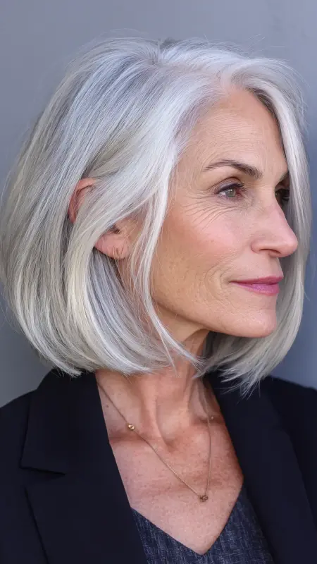 Icy Platinum Layered Lob - hair color ideas for women over 70