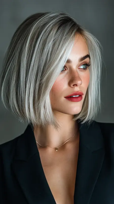 Icy Silver Sleek Bob - silver hair color ideas