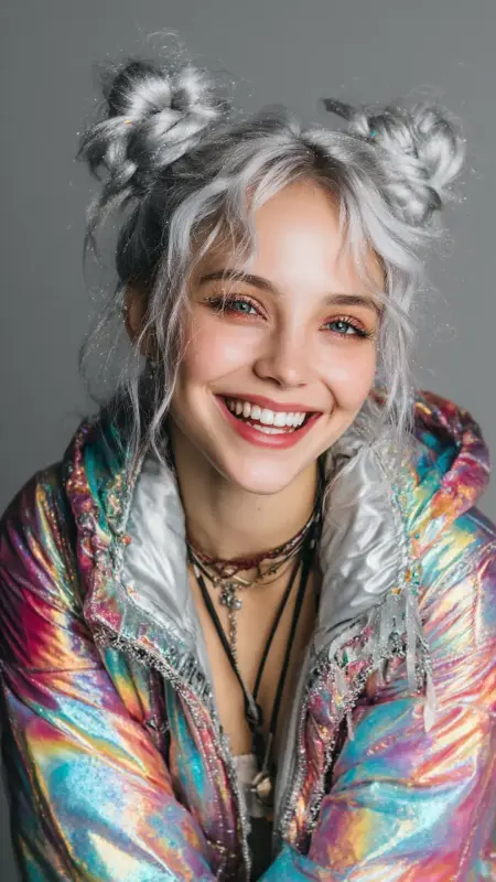 Iridescent Silver Space Buns - silver hair color ideas
