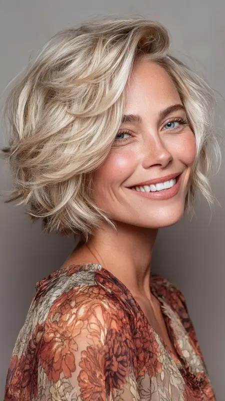 Layered Bob with Feathered Back - Medium length hair with layers over 60 older women