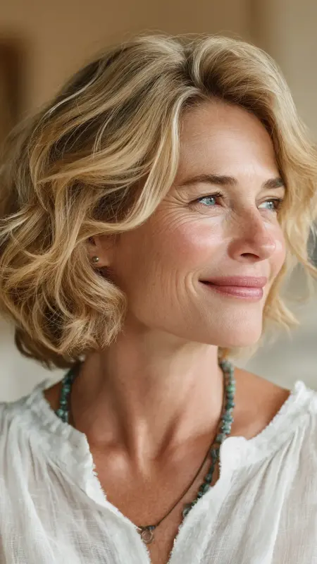 Layered Bob with Subtle Waves - Medium length hair with layers over 60 older women