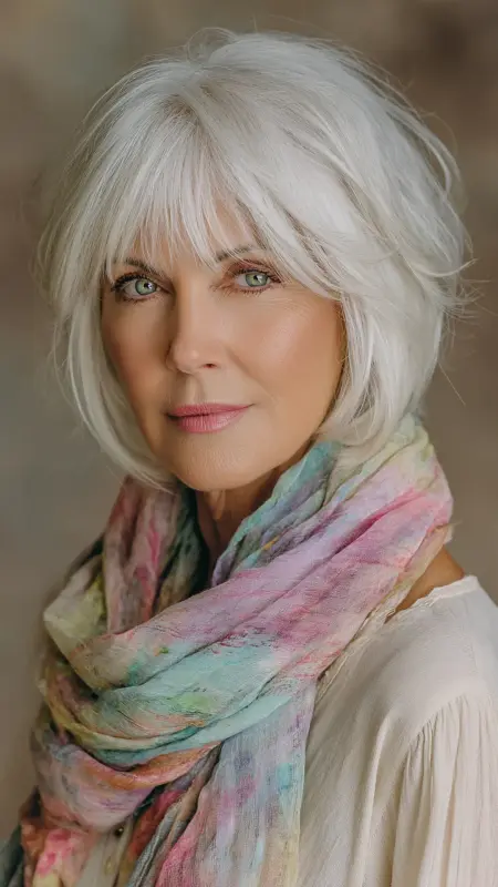 Layered Crop with Bangs -  Short white hair for older women 