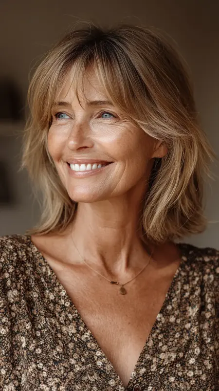 Layered Cut with Curtain Bangs - Medium length hair with layers over 60 older women
