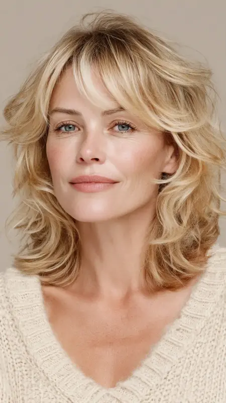 Layered Cut with Wispy Bangs - Shoulder Length Haircuts For Women Over 60