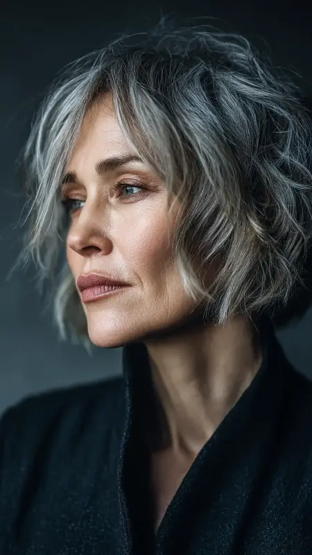 Layered Gray Bob with Deep Side Part - gray hair styles for women over 50