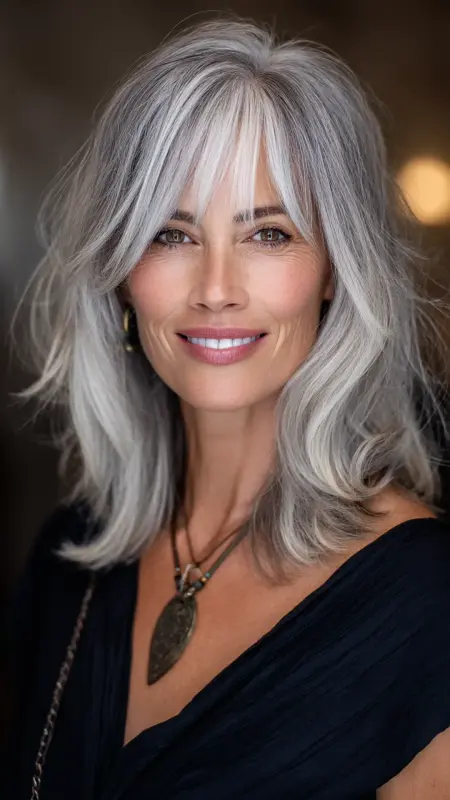 Layered Mid-Length Cut with Swoop Bangs - Medium length hair with layers over 60 older women