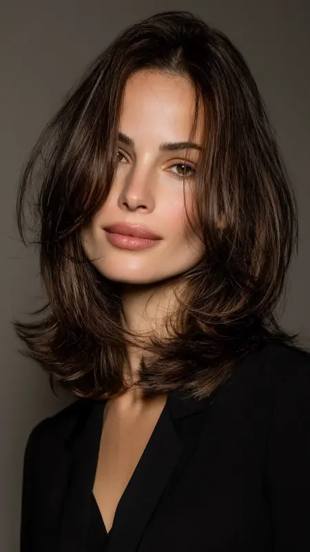 Layered Shoulder Cut with Deep Side Part - Shoulder length haircut for round faces