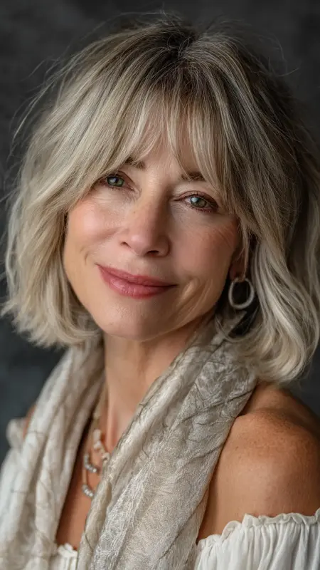 Layered Shoulder-Length Cut with Curtain Bangs - Shoulder Length Hairstyles For Women Over 60