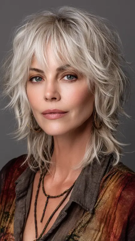 Layered Shoulder-Length Shag with Bangs - Medium length haircuts for women over 50