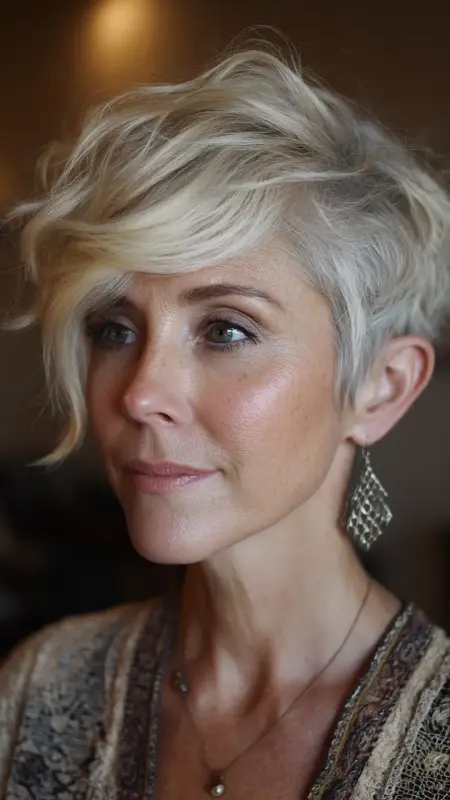 Layered Undercut Pixie with Wispy Bangs - Undercut pixie haircut for older women