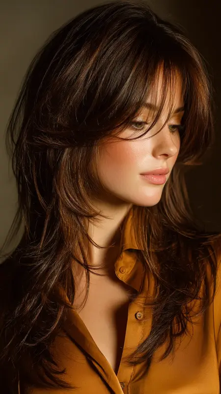 Layered V-Cut with Long Curtain Bangs - long curtain bangs round face