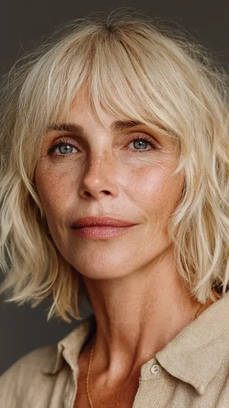 Long Bob Lob with Textured Bangs -  hairstyles for women over 70 with bangs 