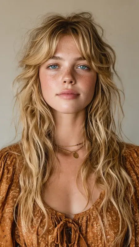 Long Boho Layers with Curtain Bangs - Face framing curtain bangs