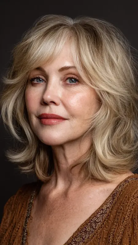 Long Layered Cut with Curtain Bangs -  hairstyles for women over 70 with bangs 