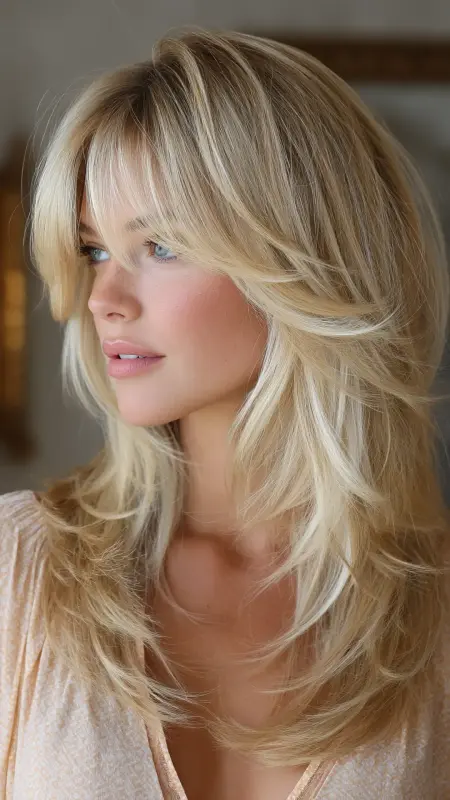 Long Layered Cut with Feathered Curtain Bangs - Face framing curtain bangs