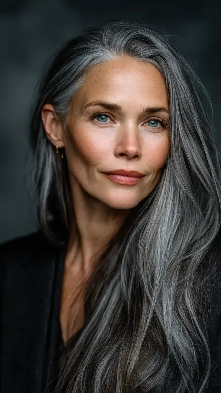 Long Sleek Gray Layers - gray hair styles for women over 50