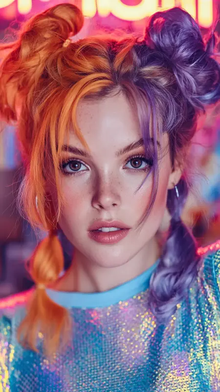 Loose Bubble Ponytail - Neon Orange  Deep Plum -  Two hair colors split 
