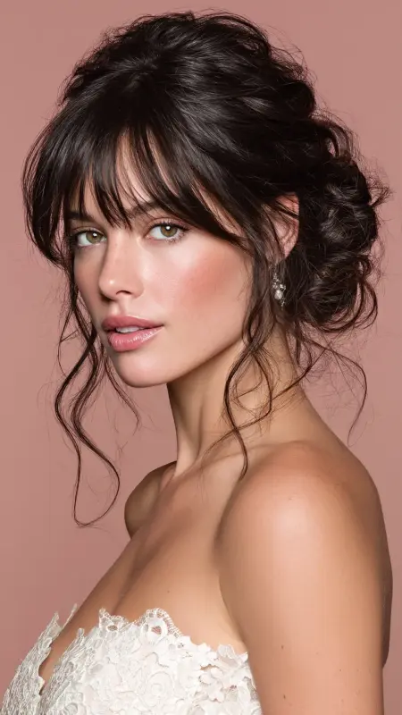 Loose Chignon with Soft Curtain Bangs - long curtain bangs round face