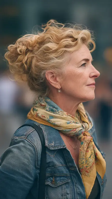 Loose Curly Bun with Scarf - Hairstyles For Women Over 60 With Curly Hair