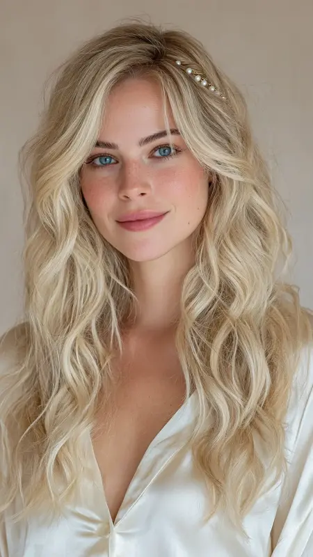 Loose Waves with Curtain Bangs and Pearl Pins - Face framing curtain bangs
