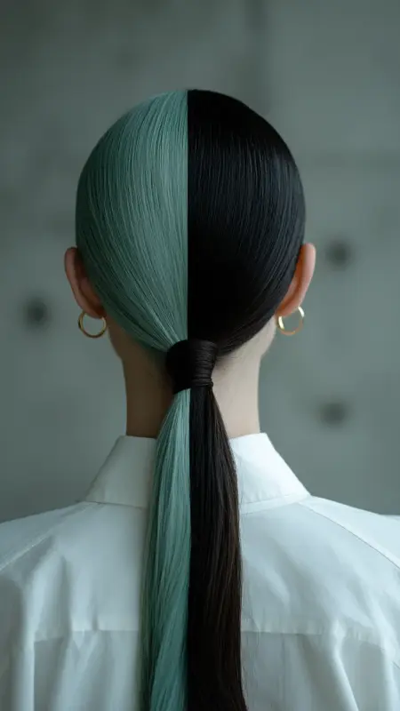 Low Side Ponytail - Mint Green  Smoky Charcoal -  Two hair colors split 
