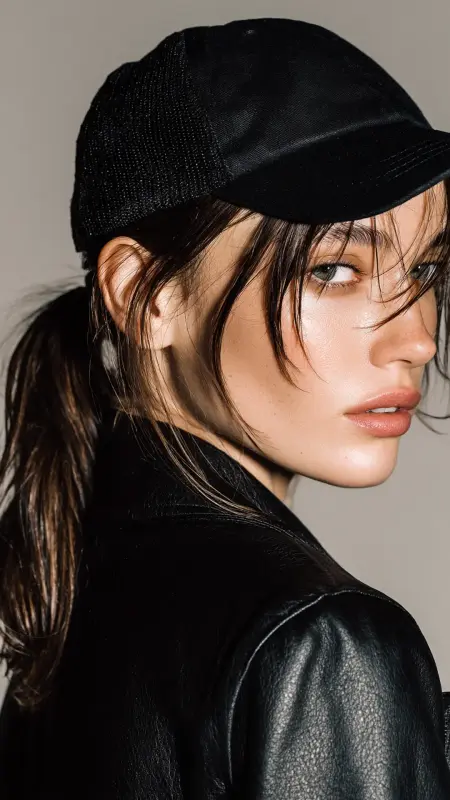 Low Sleek Ponytail  Trucker Hat -  Trucker Hat Hairstyles 