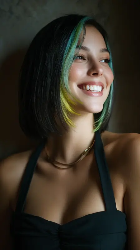 Medium Blunt Cut with Peekaboo Color - Medium length haircut for round faces