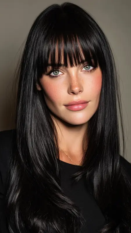 Medium-Length Cut with Blunt Bangs - Medium length haircut for round faces