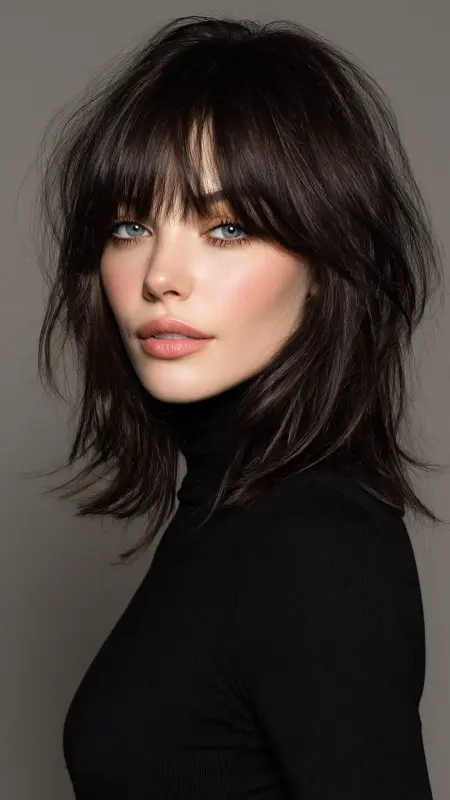 Medium-Length Layered Cut with Baby Bangs - Medium length haircut for round faces