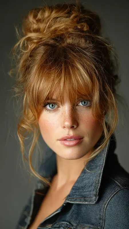Messy Bun with Voluminous Curtain Bangs - long curtain bangs round face