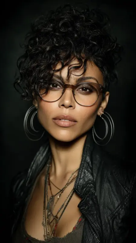 Messy Curly Pixie with Crown Volume - short curly hair with glasses