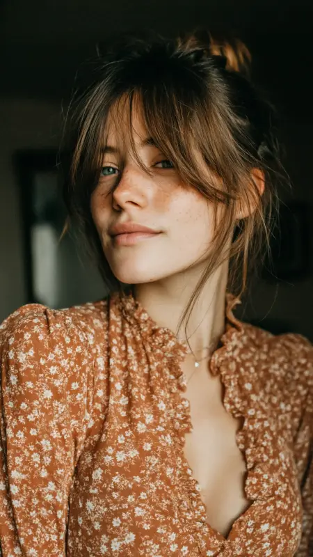 Messy Low Bun - long straight hair with curtain bangs