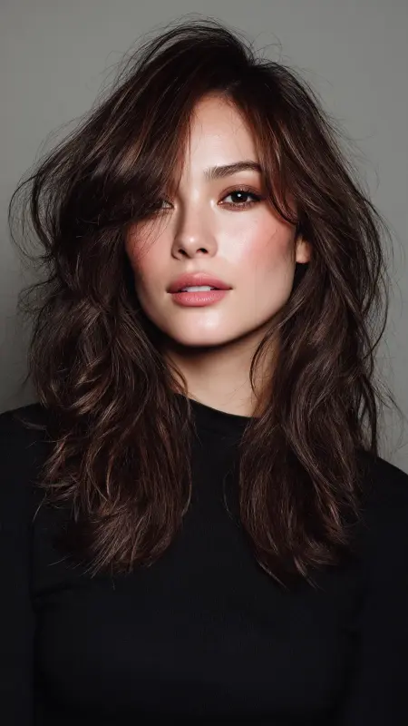 Messy Shoulder-Length Waves with Side Part - Shoulder length haircut for round faces