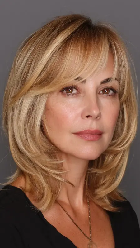 Mid-Length Cut with Swoop Bangs - Medium length haircuts for women over 50