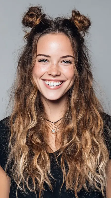 Midi Cut with Half-Up Space Buns - Medium length haircut for round faces
